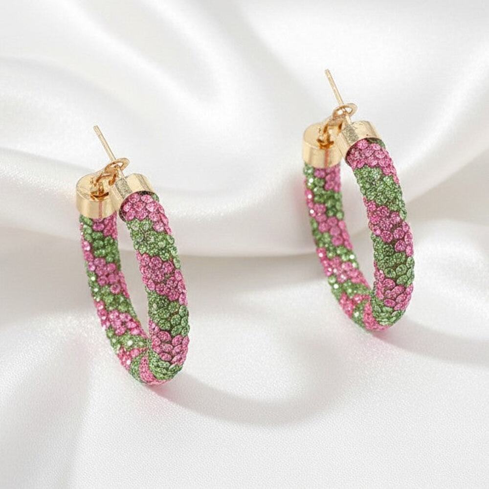 Pierced 1 3/4" gold, pink and green stone hoop earrings